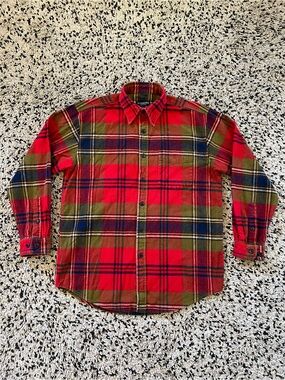 J. Peterman Flannel Shirt Red Plaid Green Blue Long Sleeve Button Down Medium